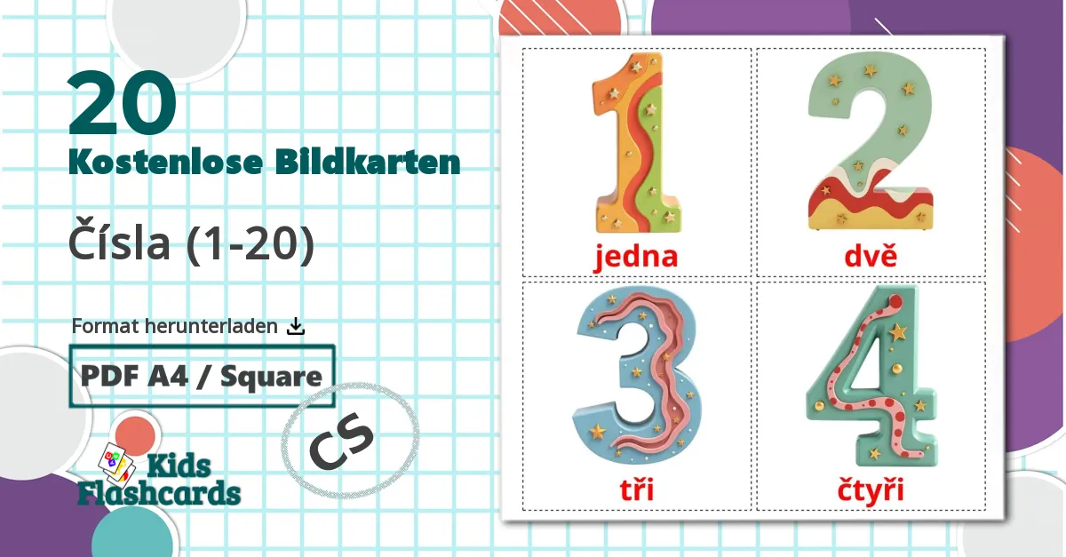 20 Bildkarten für Čísla (1-20)