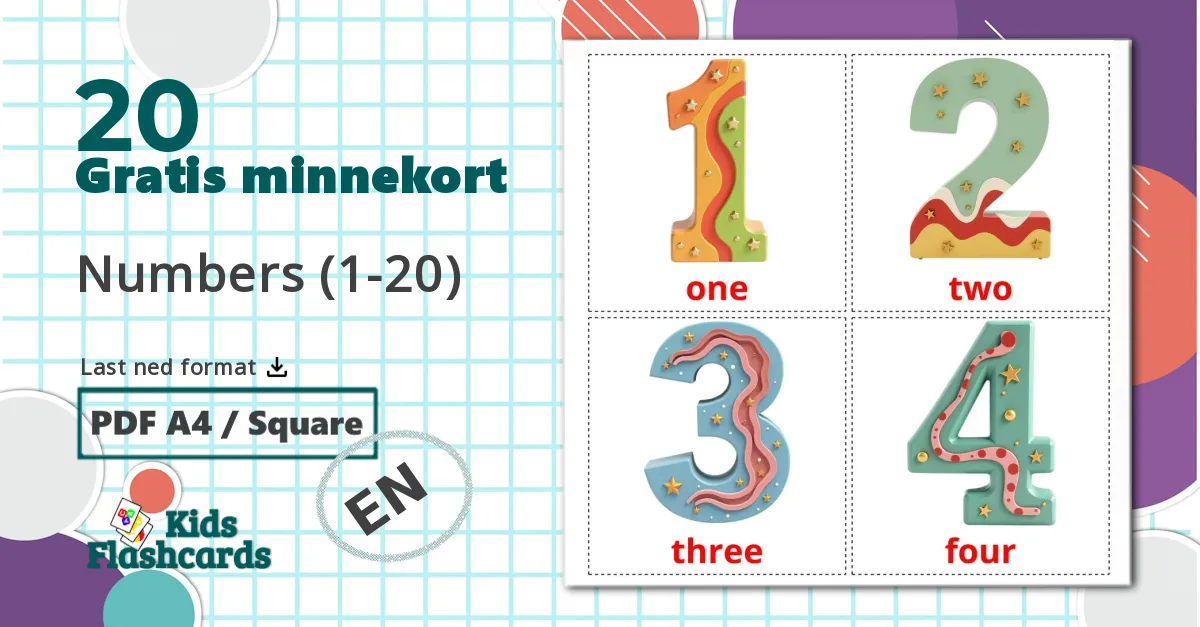 20 Numbers (1-20) bildekort