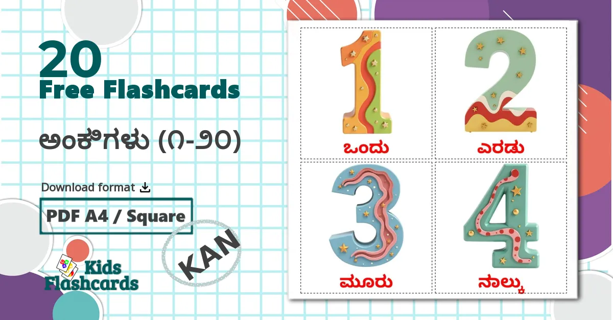 20 Flashcards de ಅಂಕಿಗಳು (೧-೨೦)