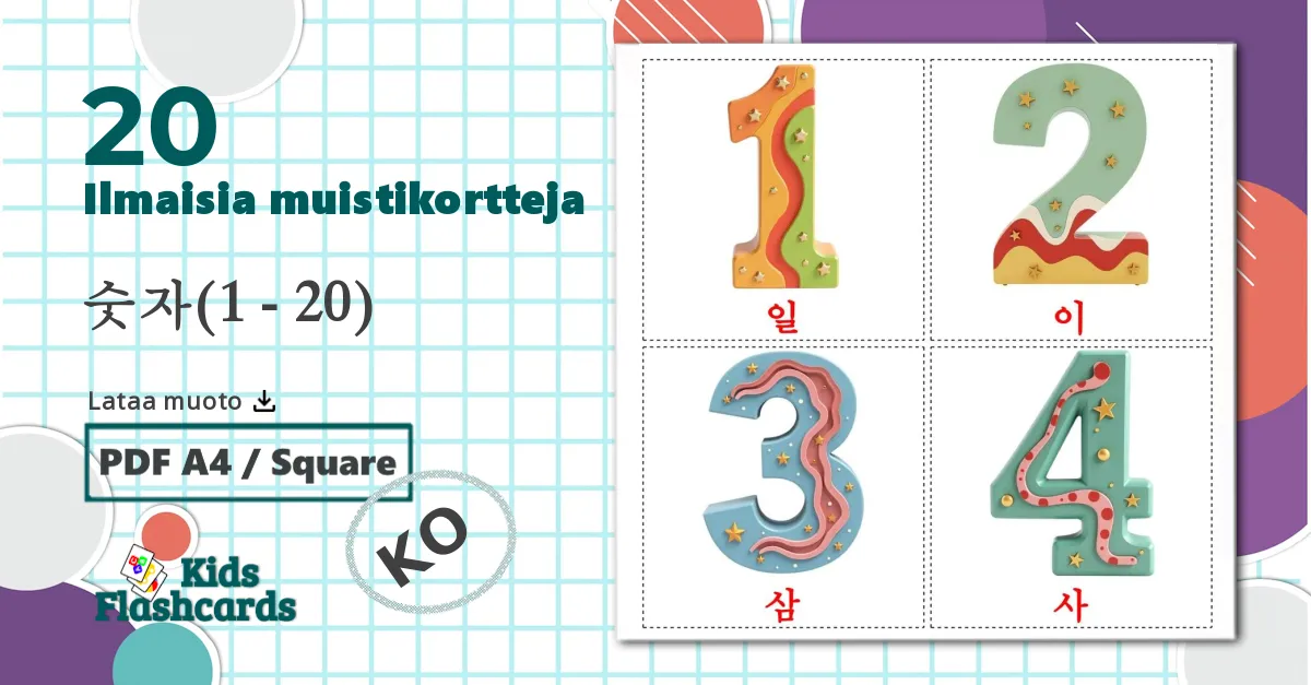 20 숫자(1 - 20) lasten kuvakortit