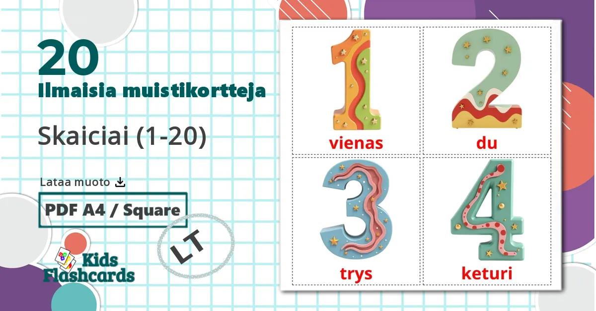 20 Skaiciai (1-20) lasten kuvakortit