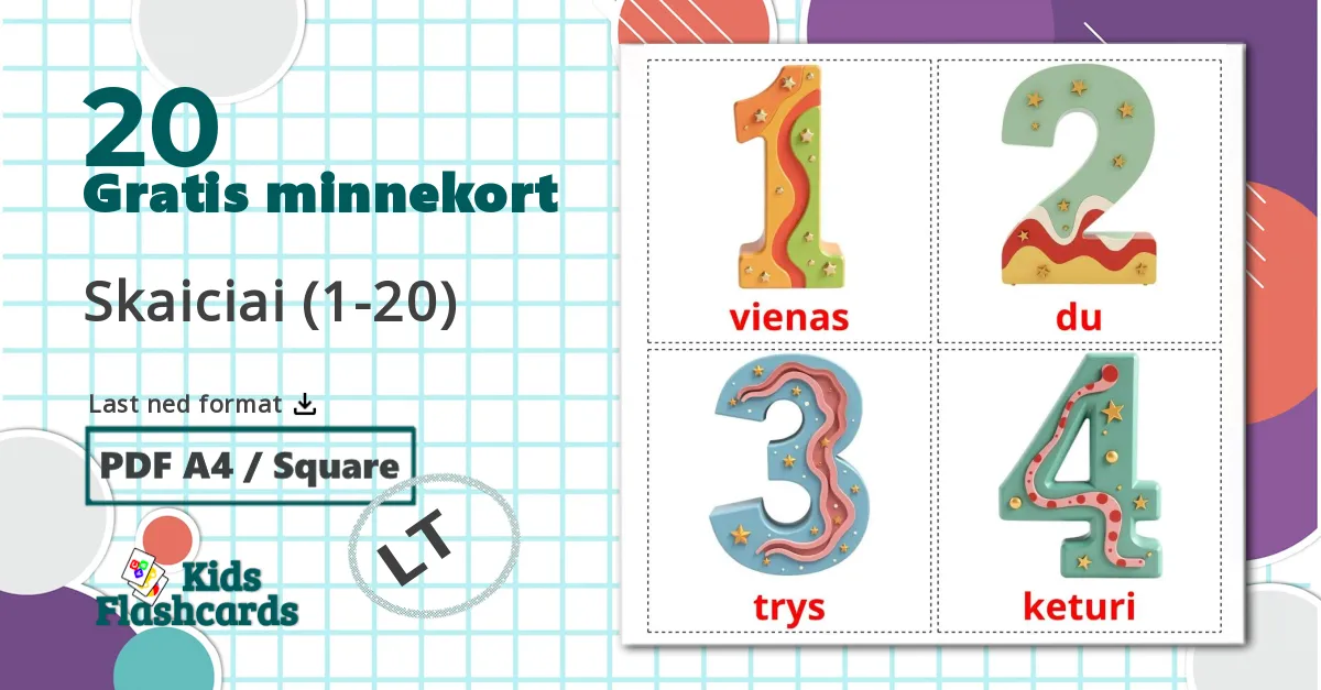 20 Skaiciai (1-20) bildekort