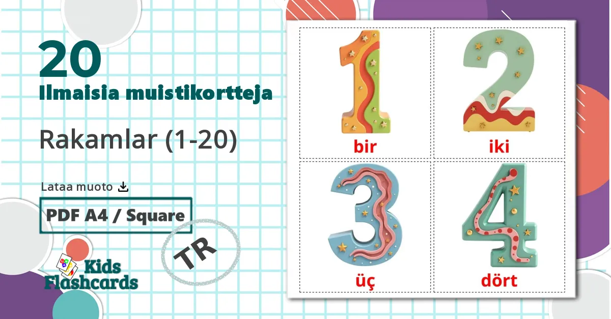 20 Rakamlar (1-20) lasten kuvakortit