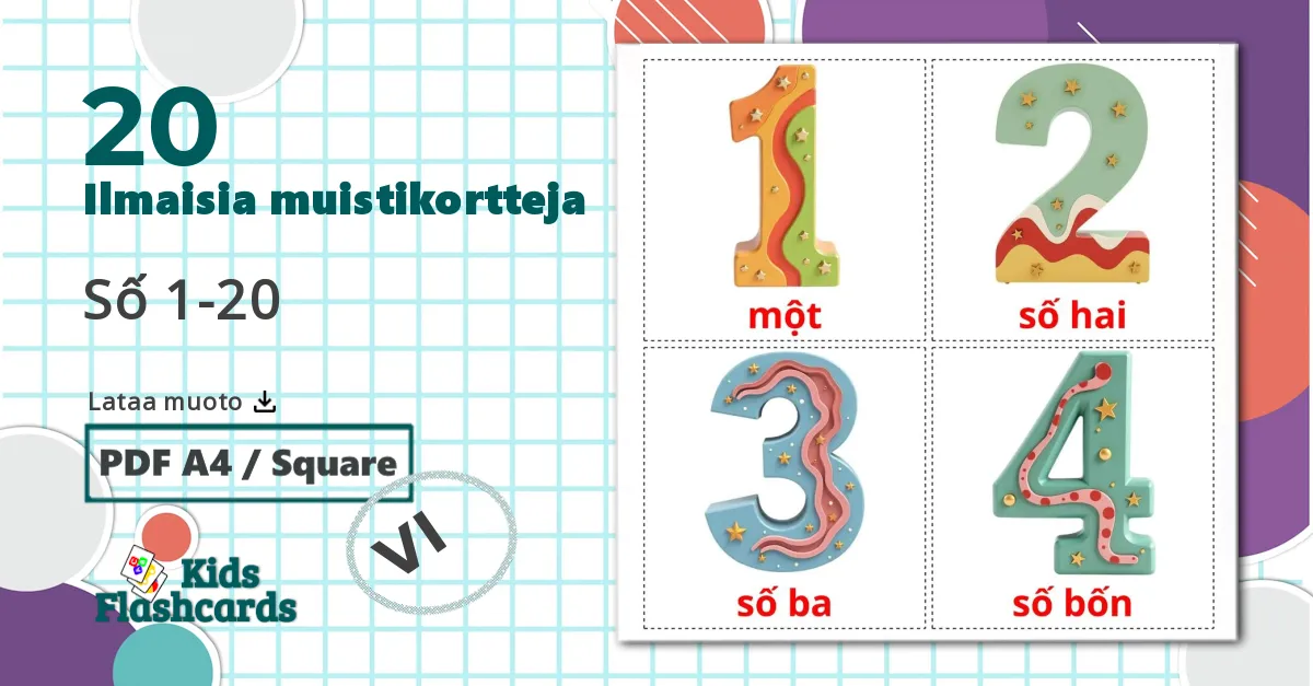 20 Số 1-20 lasten kuvakortit