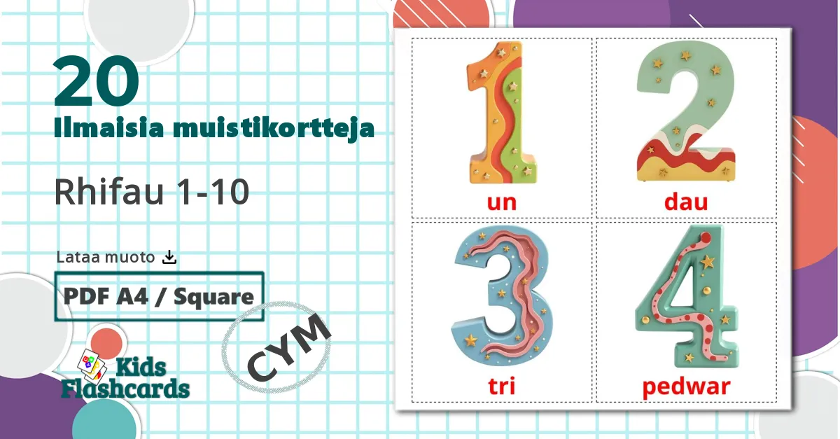 20 Rhifau 1-10 lasten kuvakortit