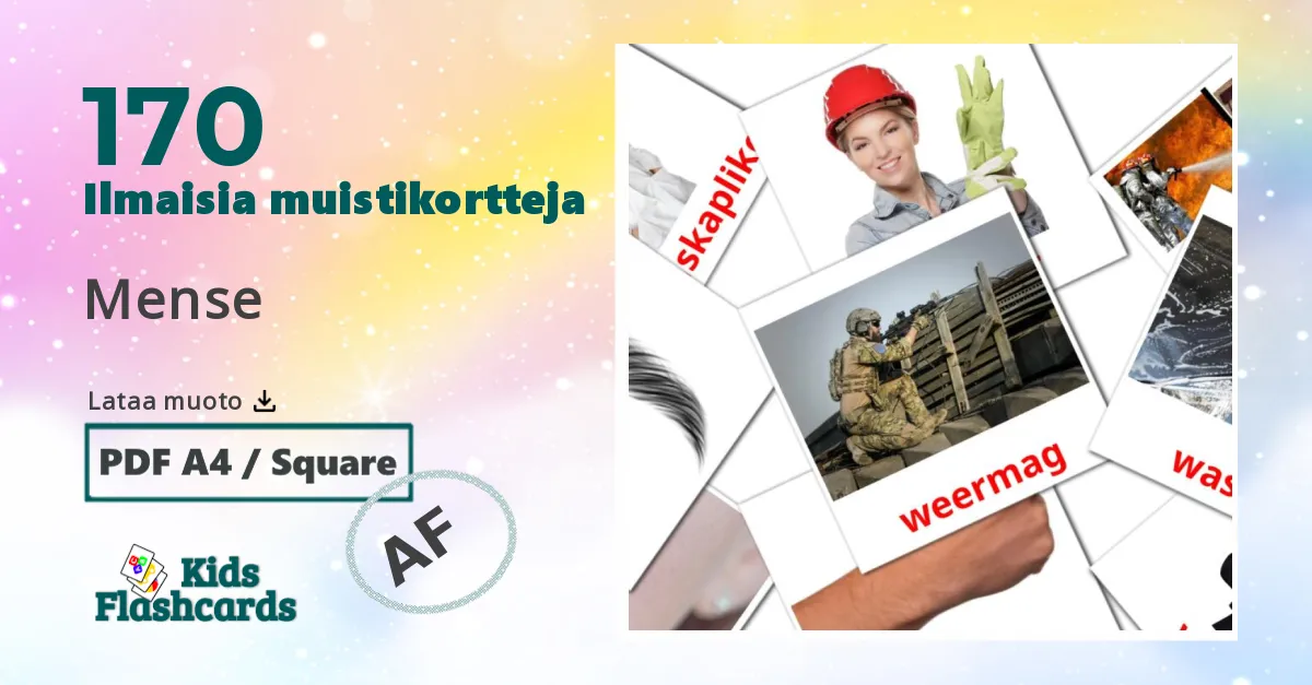 Mense – lasten kuvakortit afrikaansksi sanastoon
