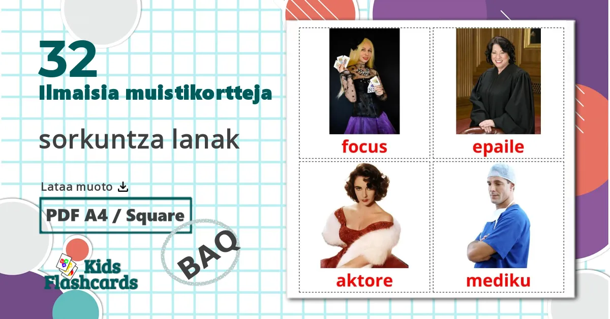 32 sorkuntza lanak lasten kuvakortit