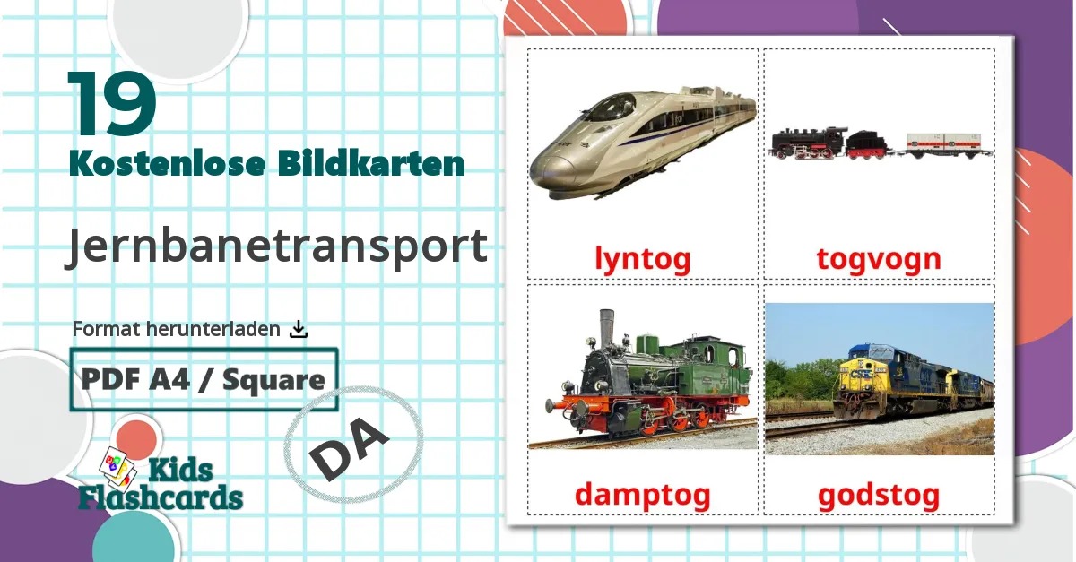 19 Bildkarten für Jernbanetransport