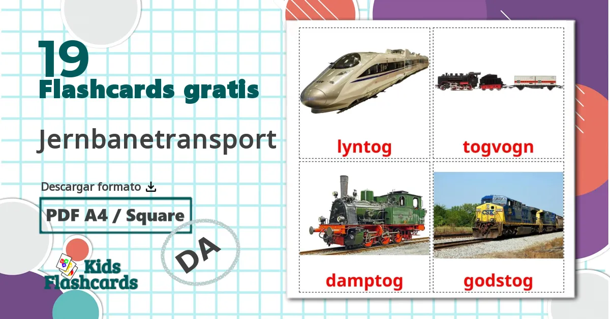 19 tarjetas didacticas de Jernbanetransport