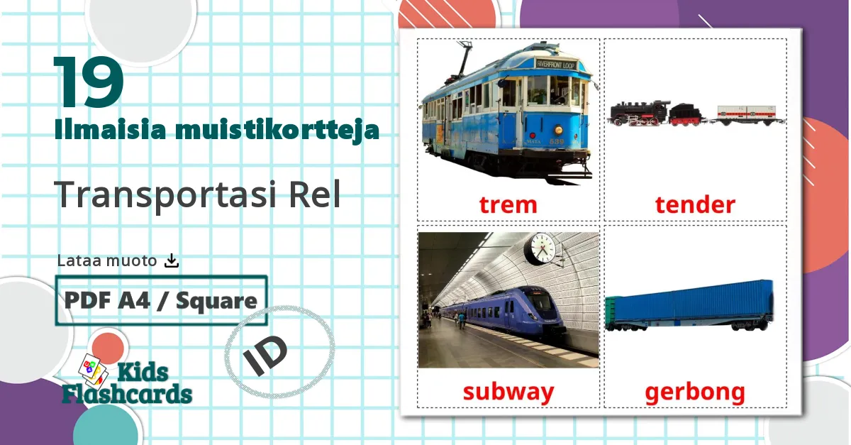 19 Transportasi Rel lasten kuvakortit