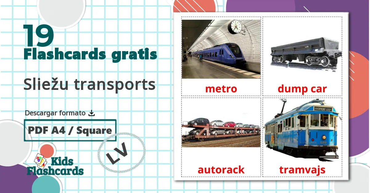 19 tarjetas didacticas de Sliežu transports