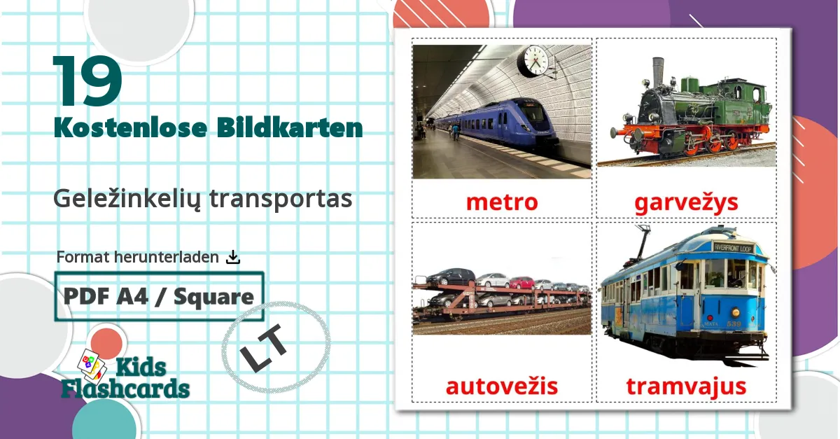 19 Bildkarten für Geležinkelių transportas