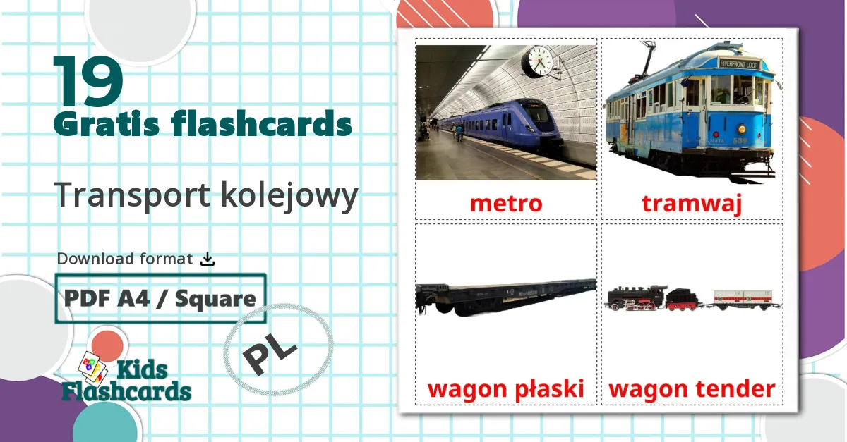 19 Transport kolejowy billedkort for børn