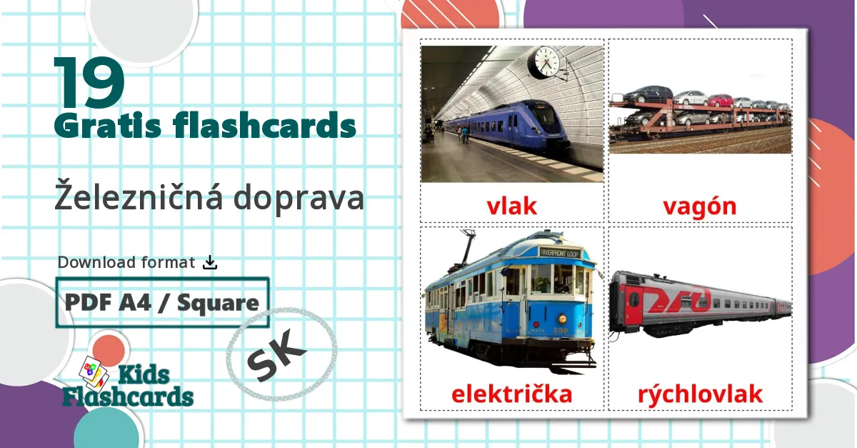 19 Železničná doprava billedkort for børn