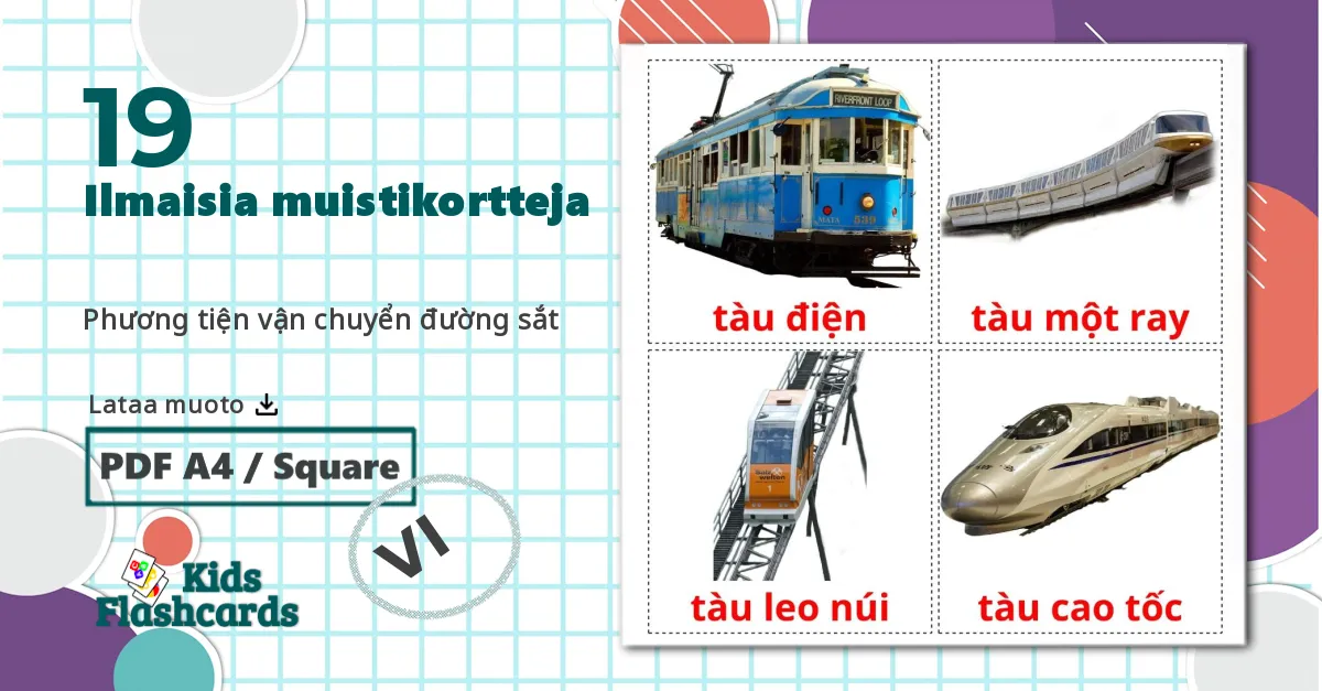 19 Phương tiện vận chuyển đường sắt lasten kuvakortit