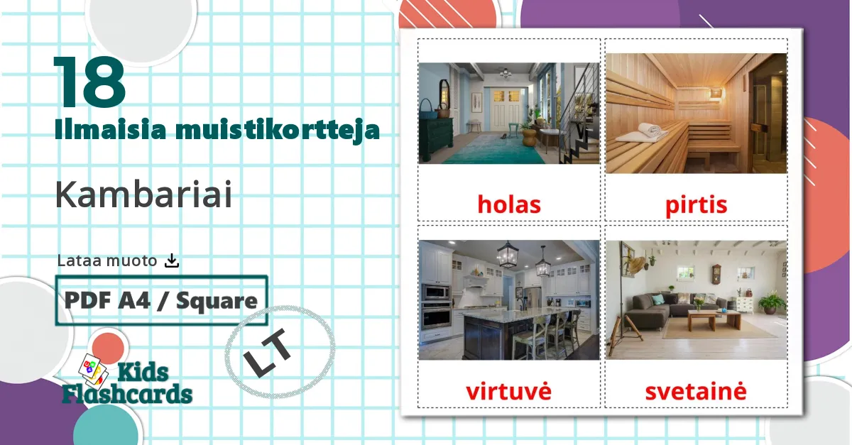 18 Kambariai lasten kuvakortit