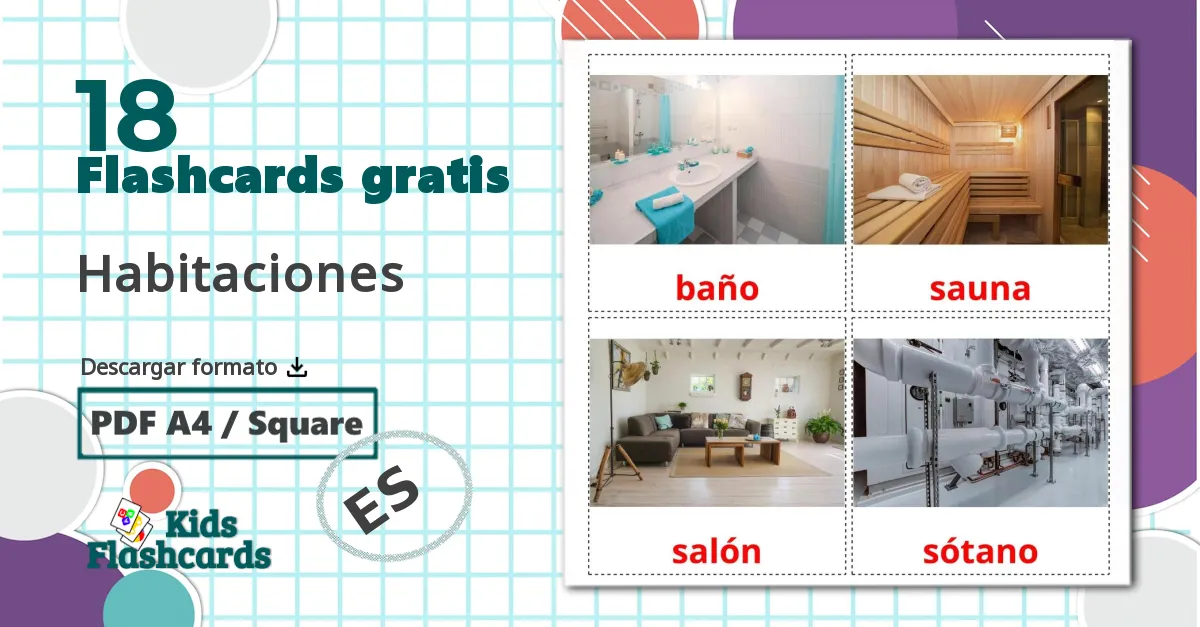 18 tarjetas didacticas de Habitaciones