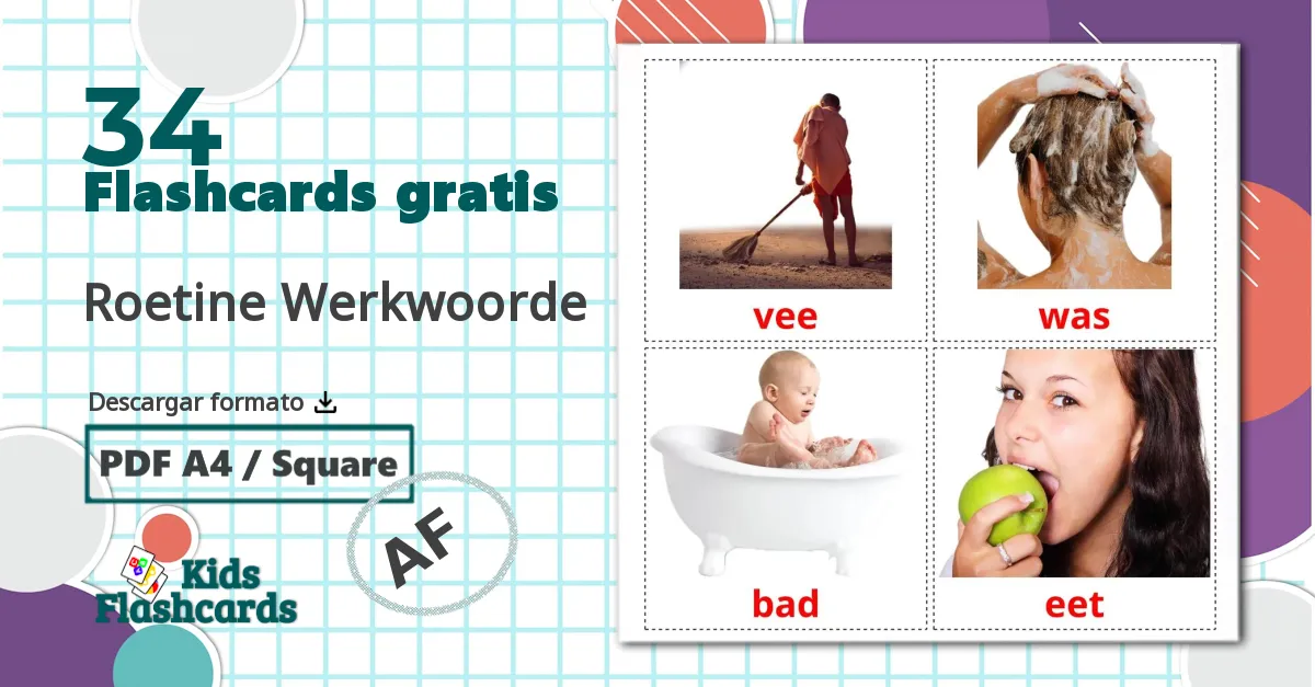 Verbos de rutina - tarjetas de vocabulario en afrikáans