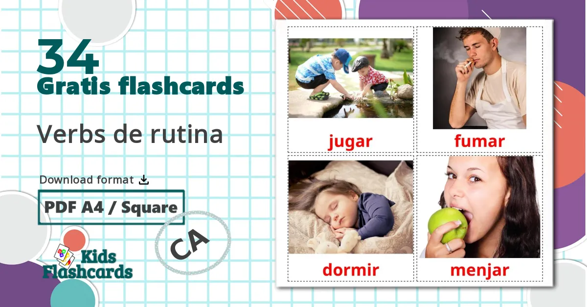 34 Verbs de rutina billedkort for børn