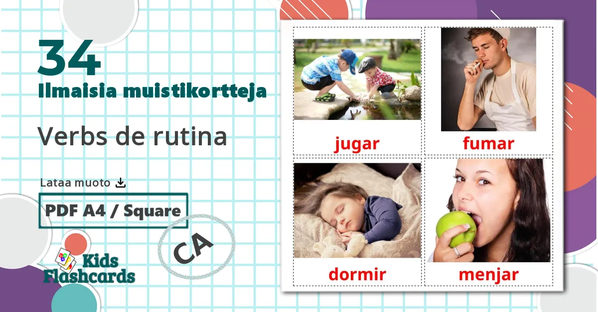 34 Verbs de rutina lasten kuvakortit