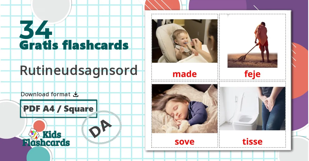 34 Rutineudsagnsord billedkort for børn