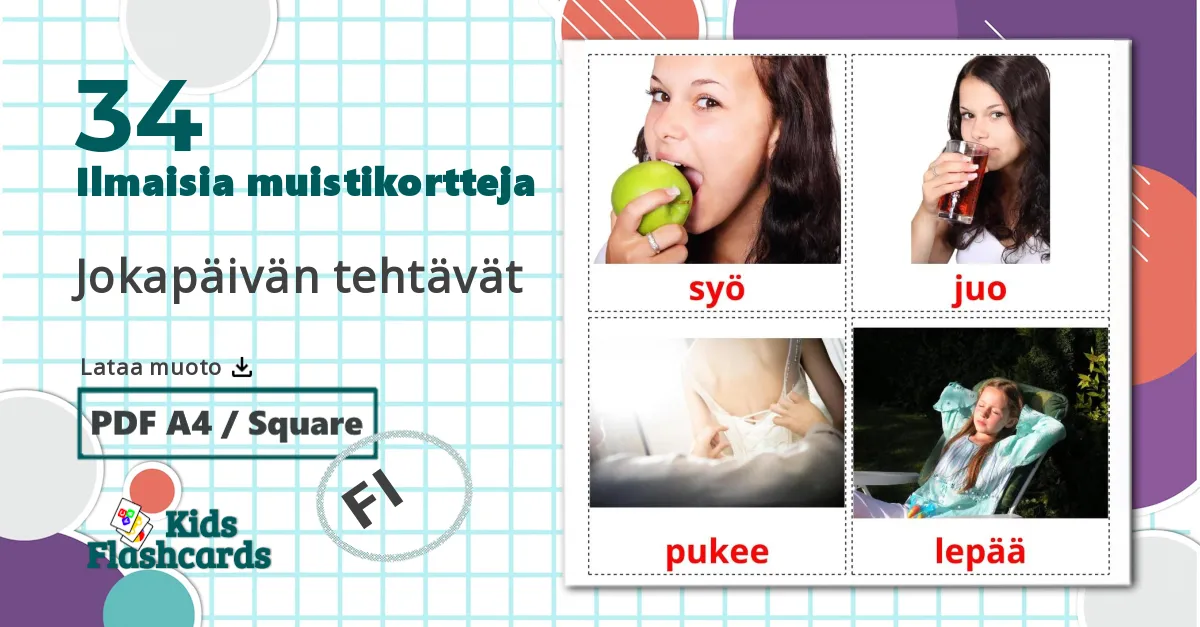 34 Jokapäivän tehtävät lasten kuvakortit