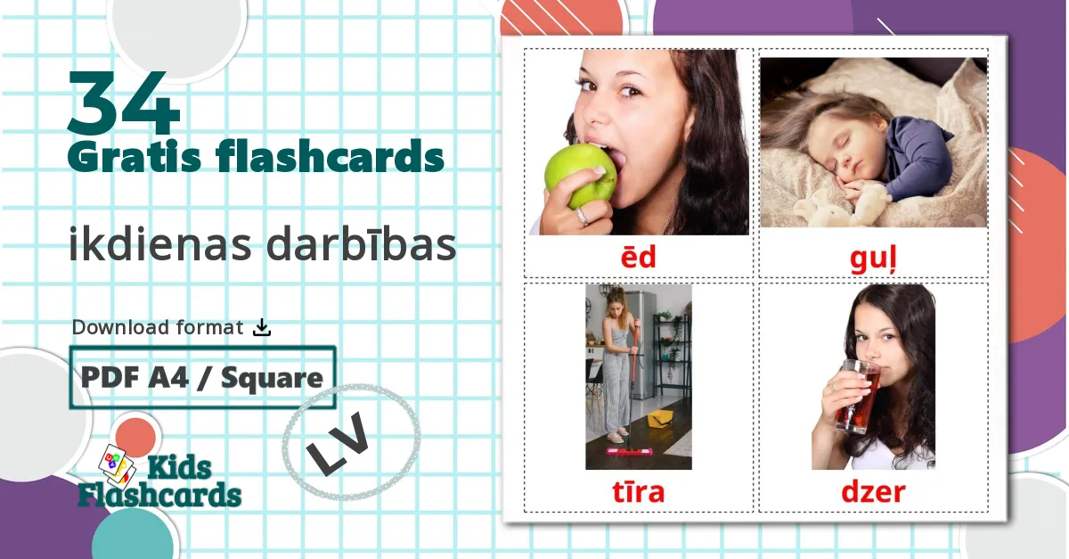 34 ikdienas darbības billedkort for børn