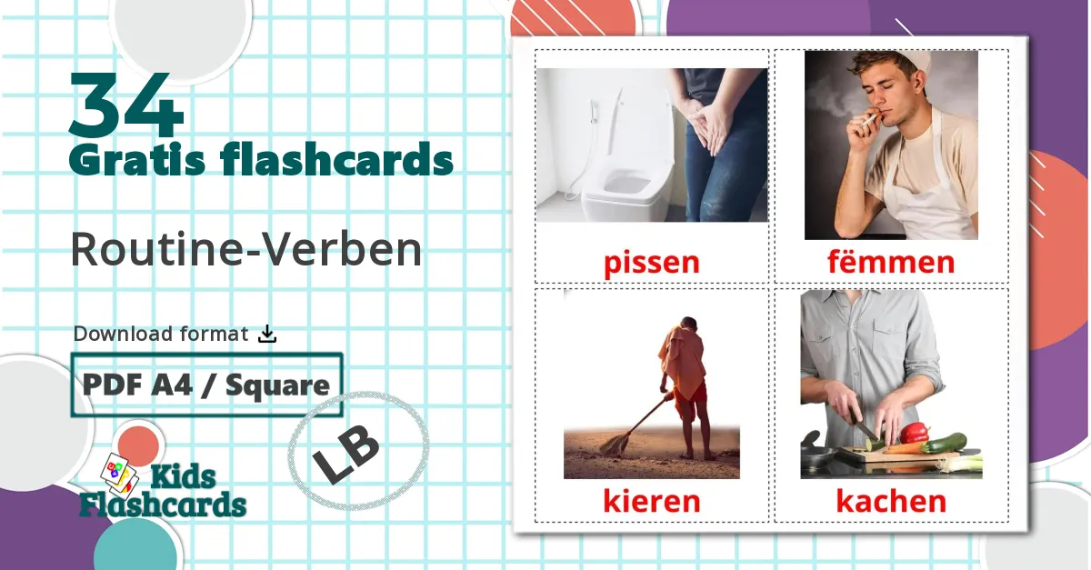34 Routine-Verben billedkort for børn