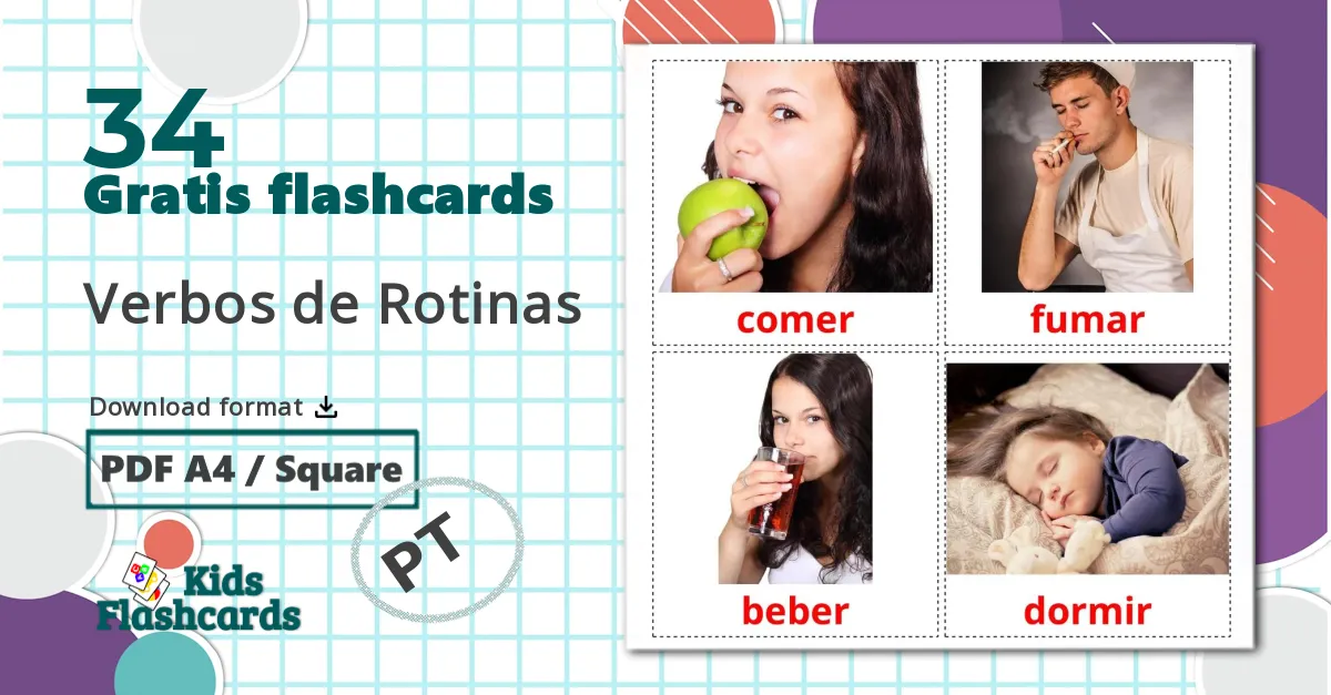 34 Verbos de Rotinas billedkort for børn