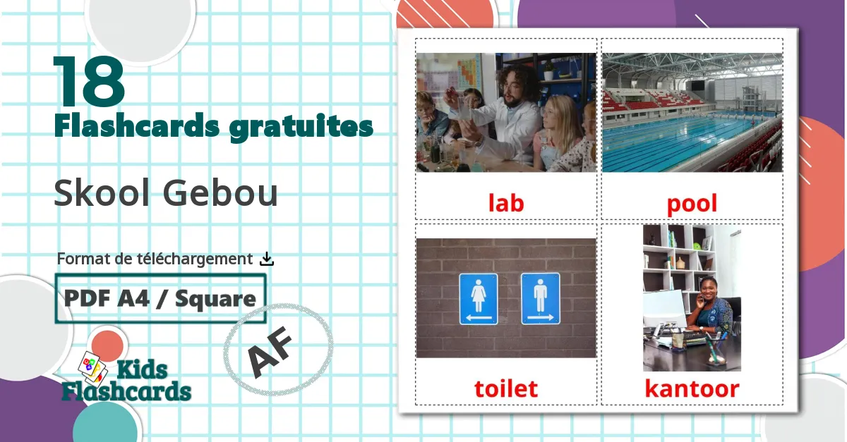 Bâtiment scolaire - cartes de vocabulaire afrikaans