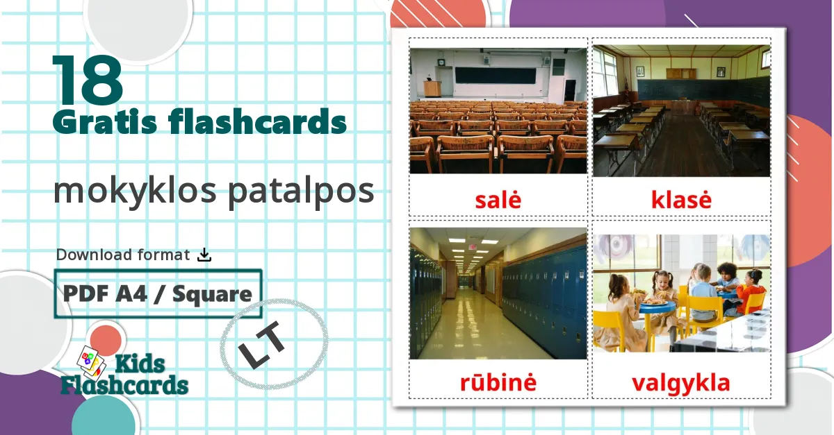 18 mokyklos patalpos billedkort for børn