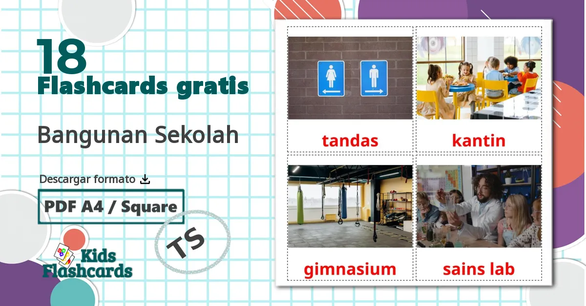 18 tarjetas didacticas de Bangunan Sekolah