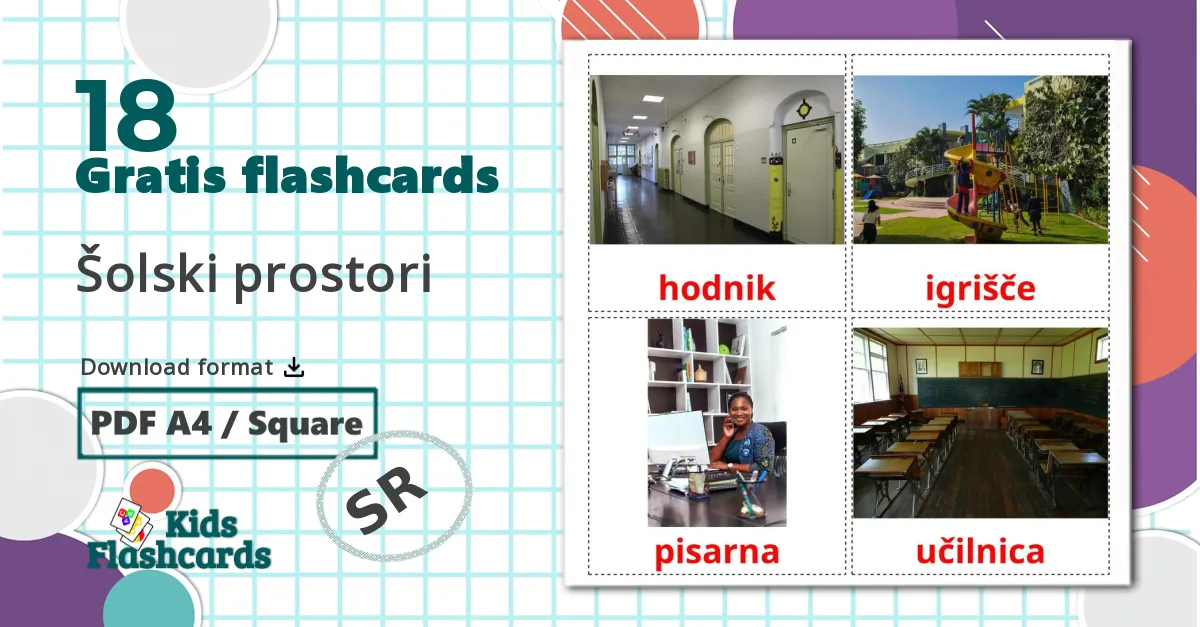 18 Šolski prostori billedkort for børn