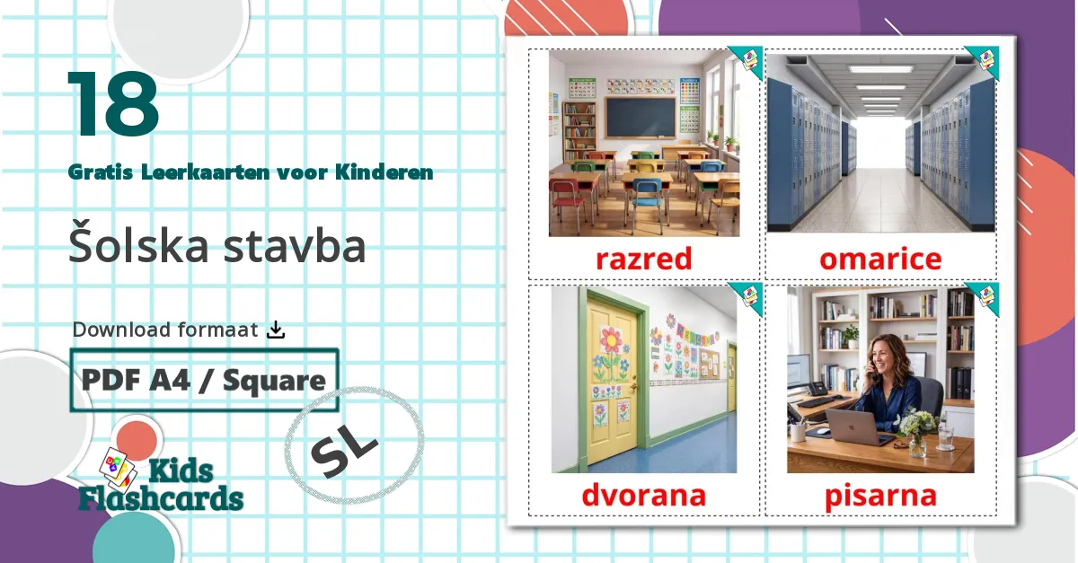 18 Schoolgebouw Leerkaarten voor kinderen