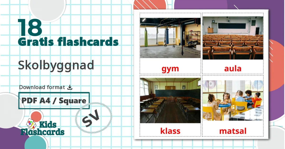 18 Skolbyggnad billedkort for børn