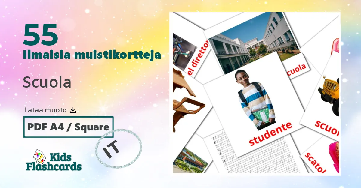 Scuola – lasten kuvakortit italialaiseksi sanastoon