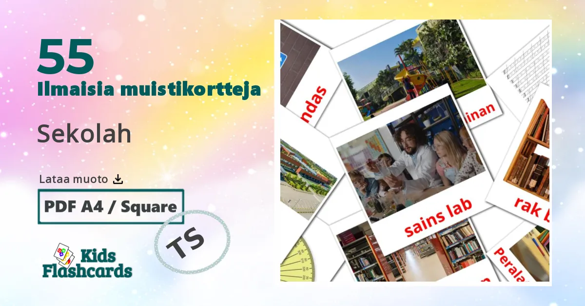 Sekolah – lasten kuvakortit malaijiksi sanastoon