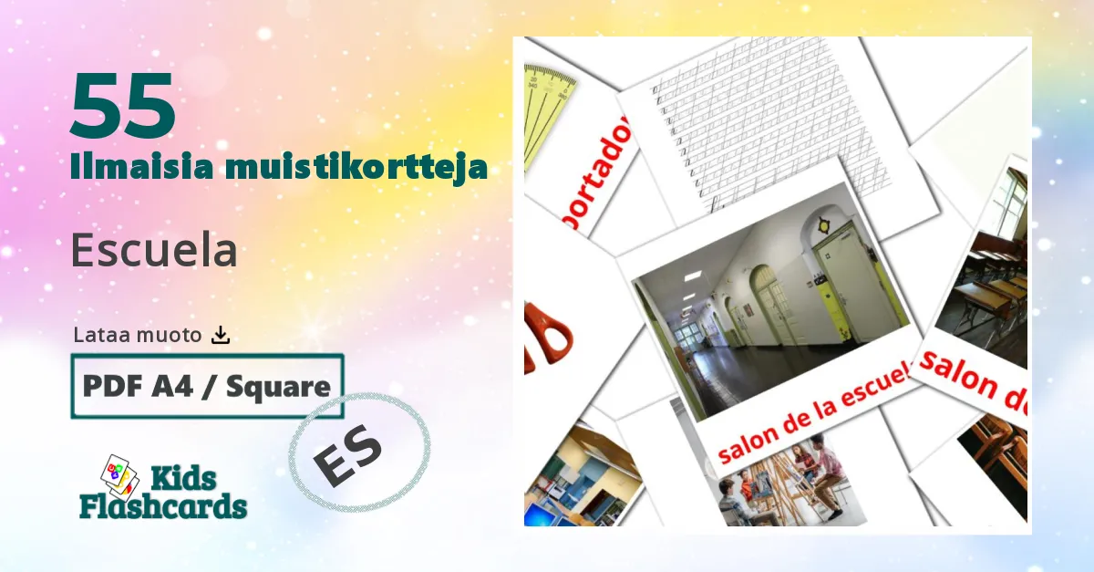 Escuela – lasten kuvakortit espanjaksi sanastoon