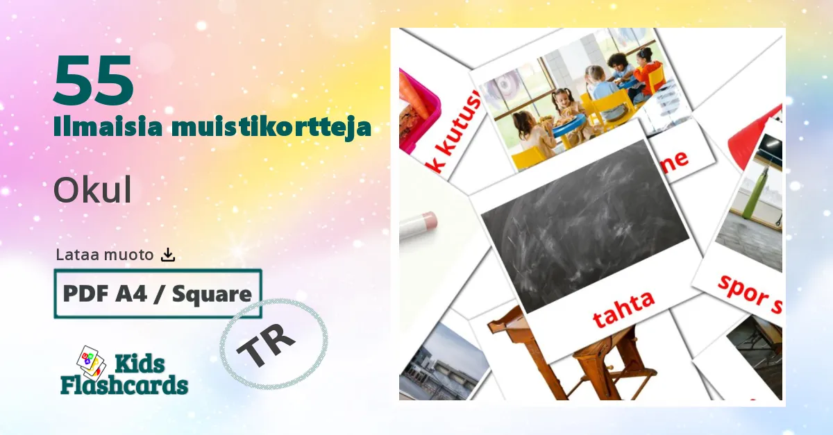 Okul – lasten kuvakortit turkkiksi sanastoon