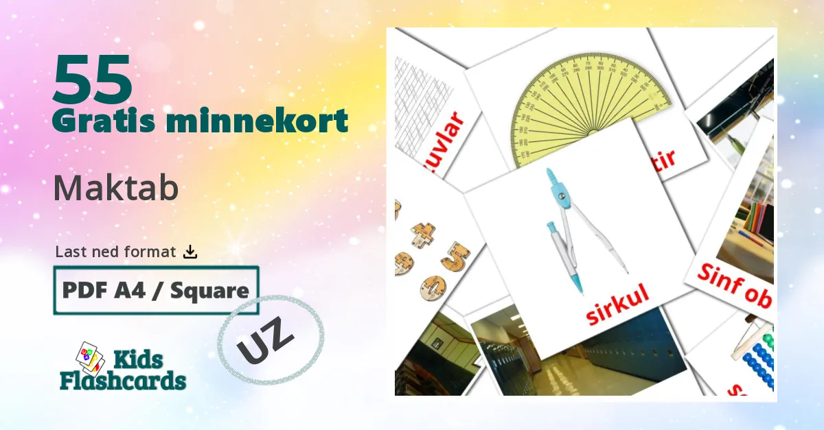 Maktab bildekort for barn på uzbek