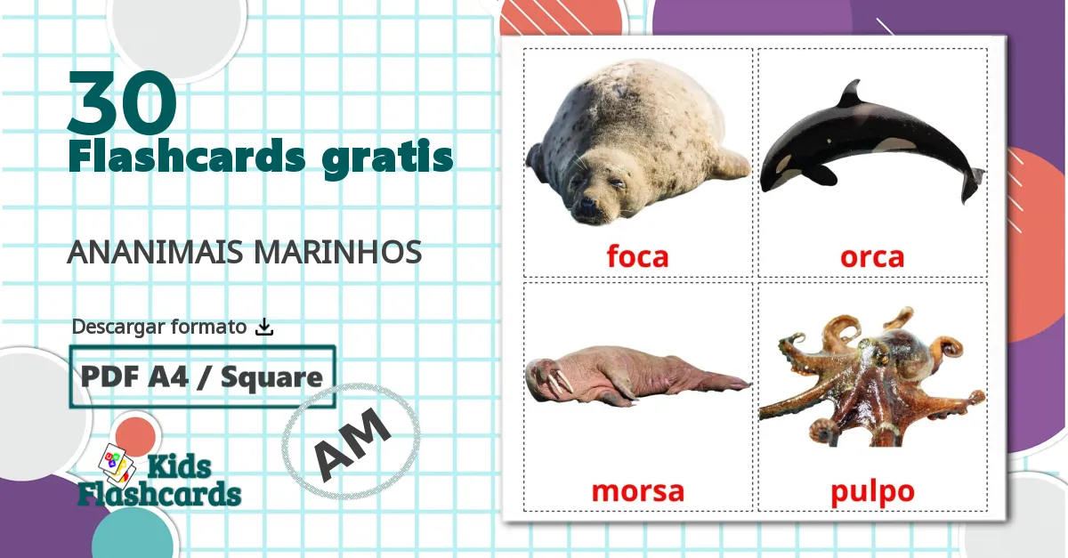 30 tarjetas didacticas de Animales Marinos