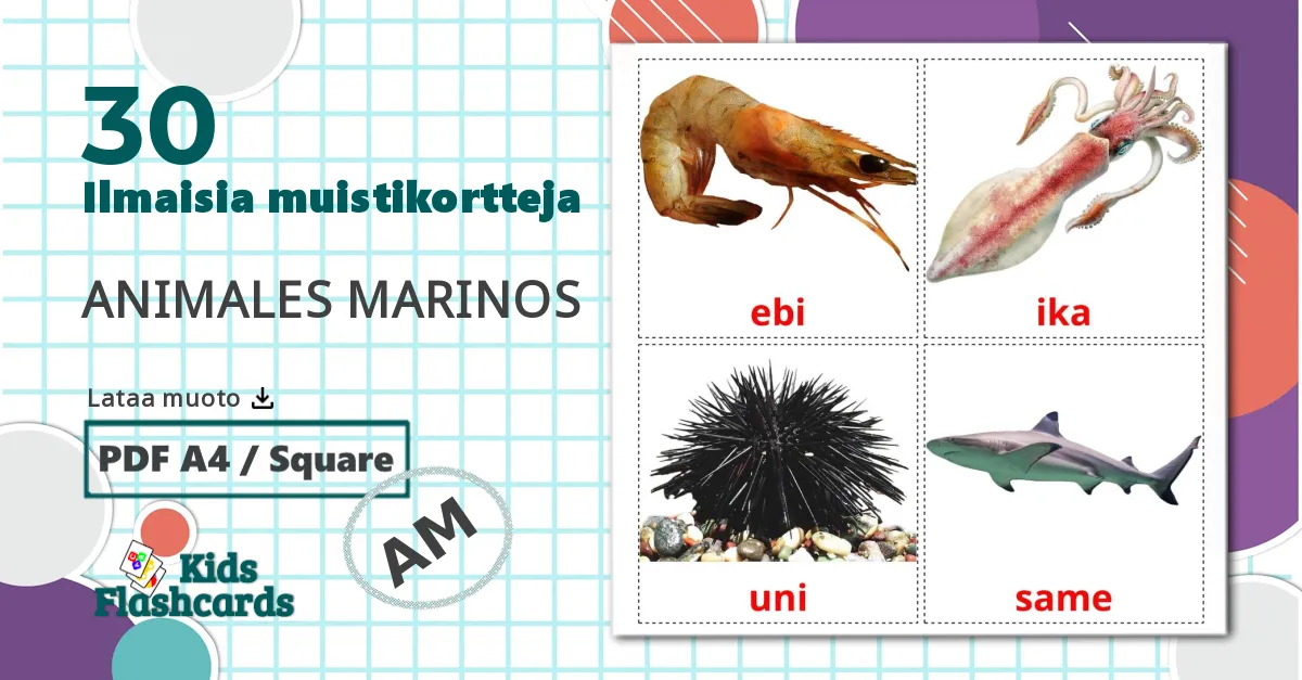 30 Meren eläimet lasten kuvakortit