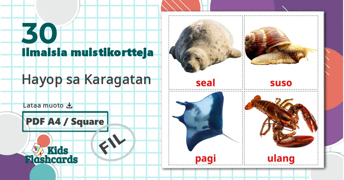 30 Hayop sa Karagatan lasten kuvakortit