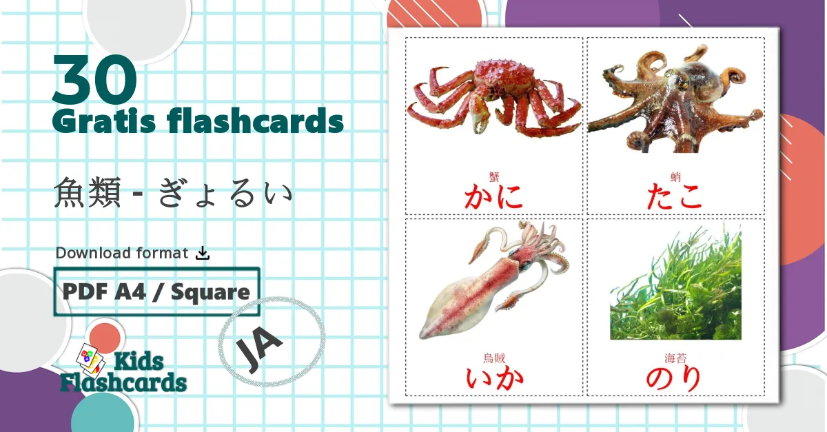 30 魚類 - ぎょるい billedkort for børn