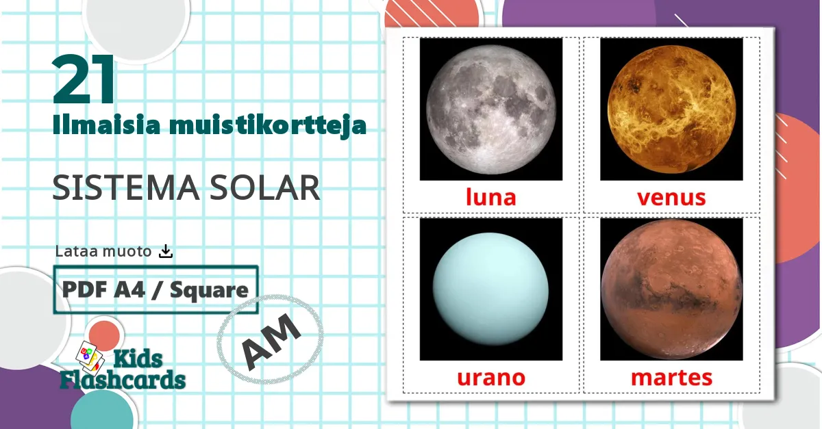 21 Aurinkokunta lasten kuvakortit