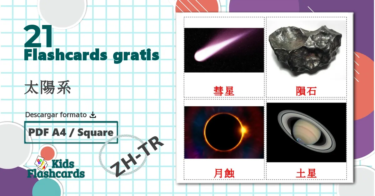 21 tarjetas didacticas de 太陽系