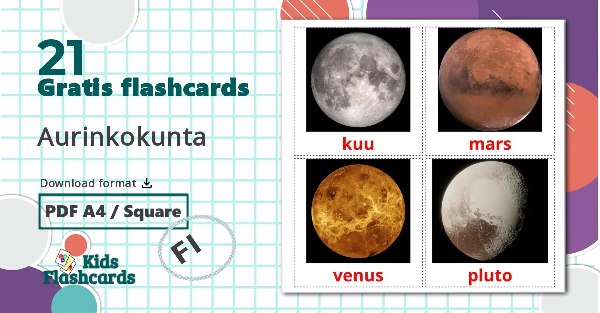 21 Aurinkokunta billedkort for børn