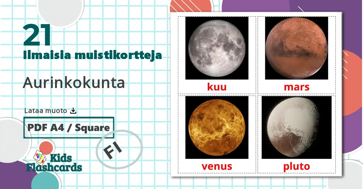 21 Aurinkokunta lasten kuvakortit