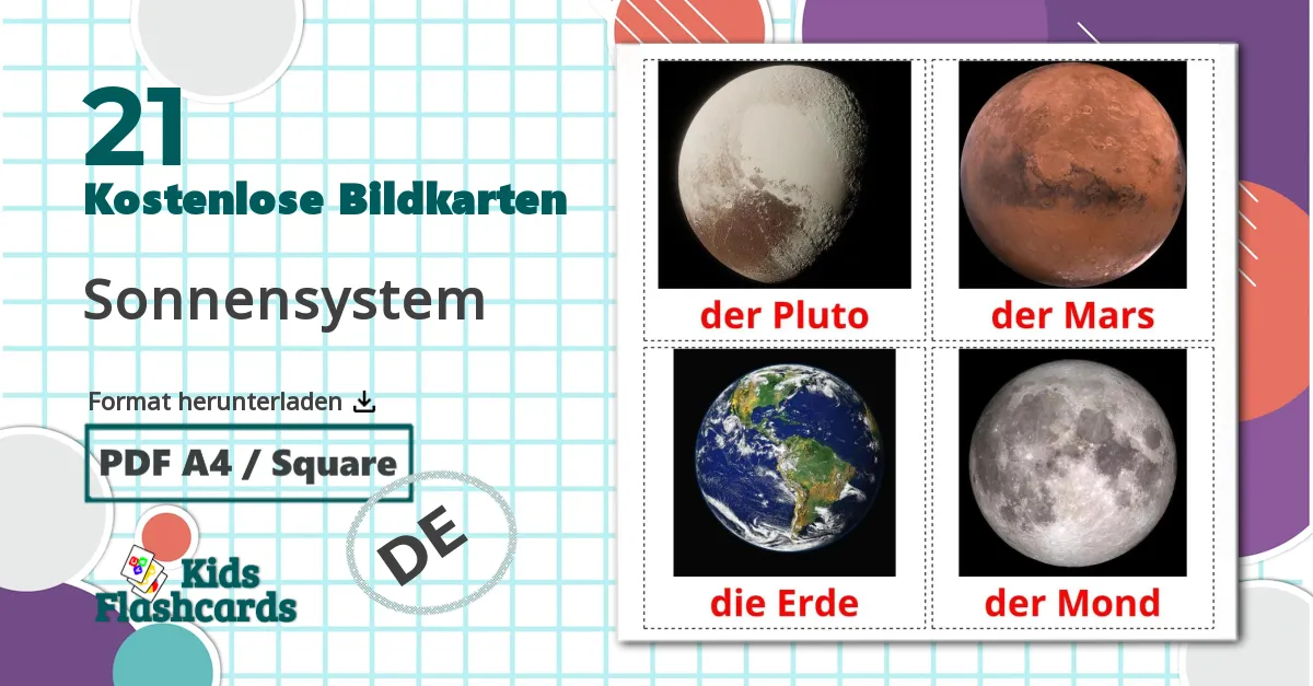 21 Bildkarten für Sonnensystem