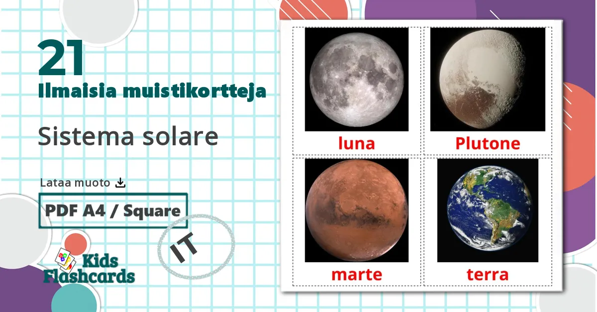 21 Sistema solare lasten kuvakortit